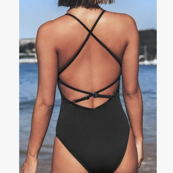 Women's Solid Color V Neck Lace Up One Piece Swimsuit Size M - Picture 2 of 7